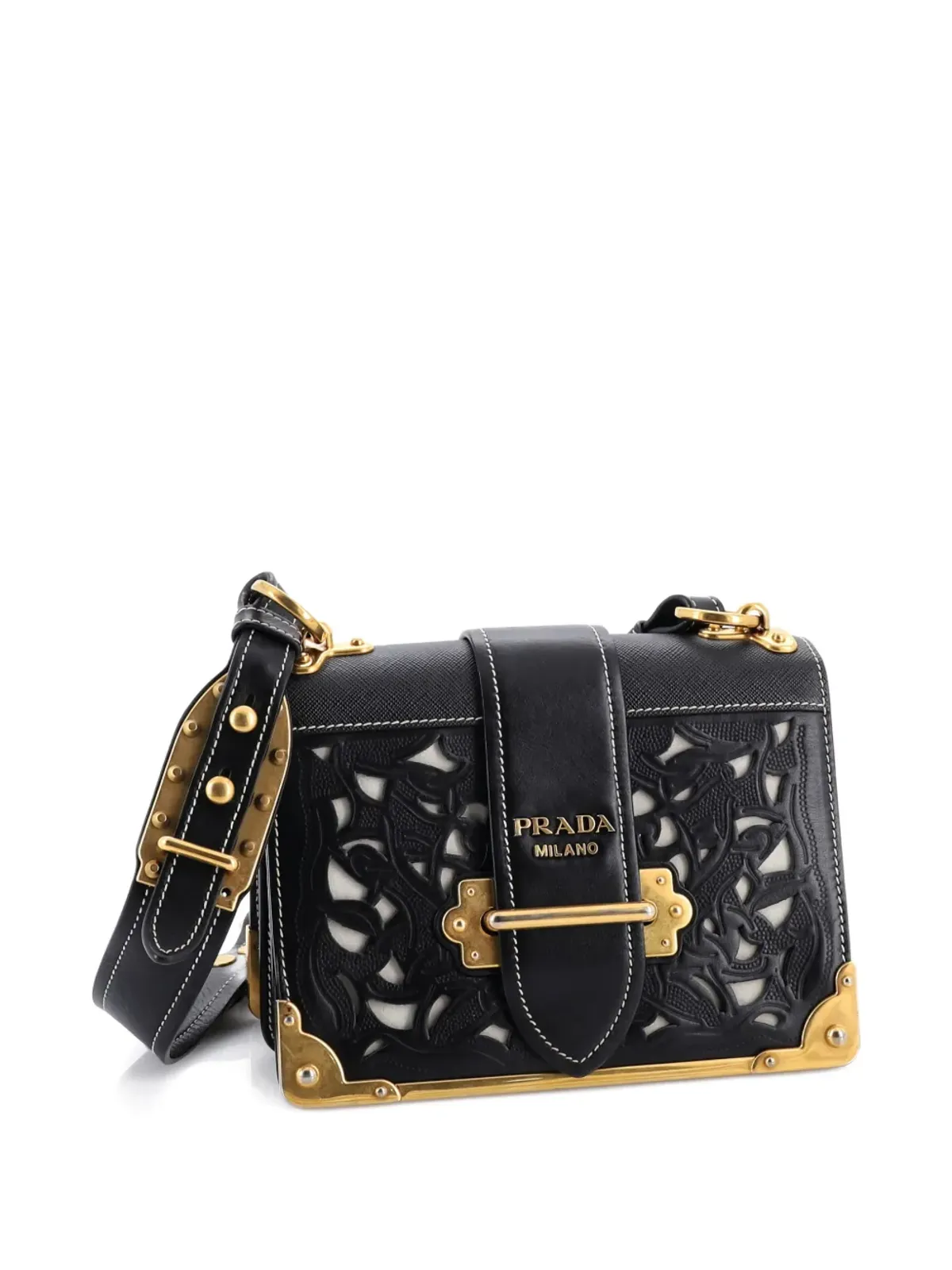 Prada Cahier スタッズ付き レザー レーザーカット クロスボディバッグ（小さめ）- ブラック - 画像3