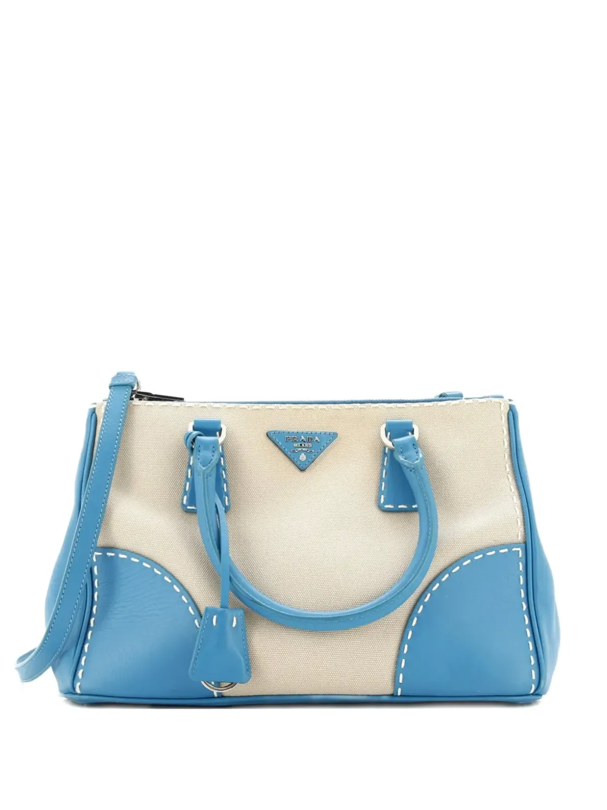 Prada ビンテージ ダブルジップ コンバーチブル ステッチド シティ カーフレザーとキャンバス 小型 トートバッグ - ブルー - 画像1