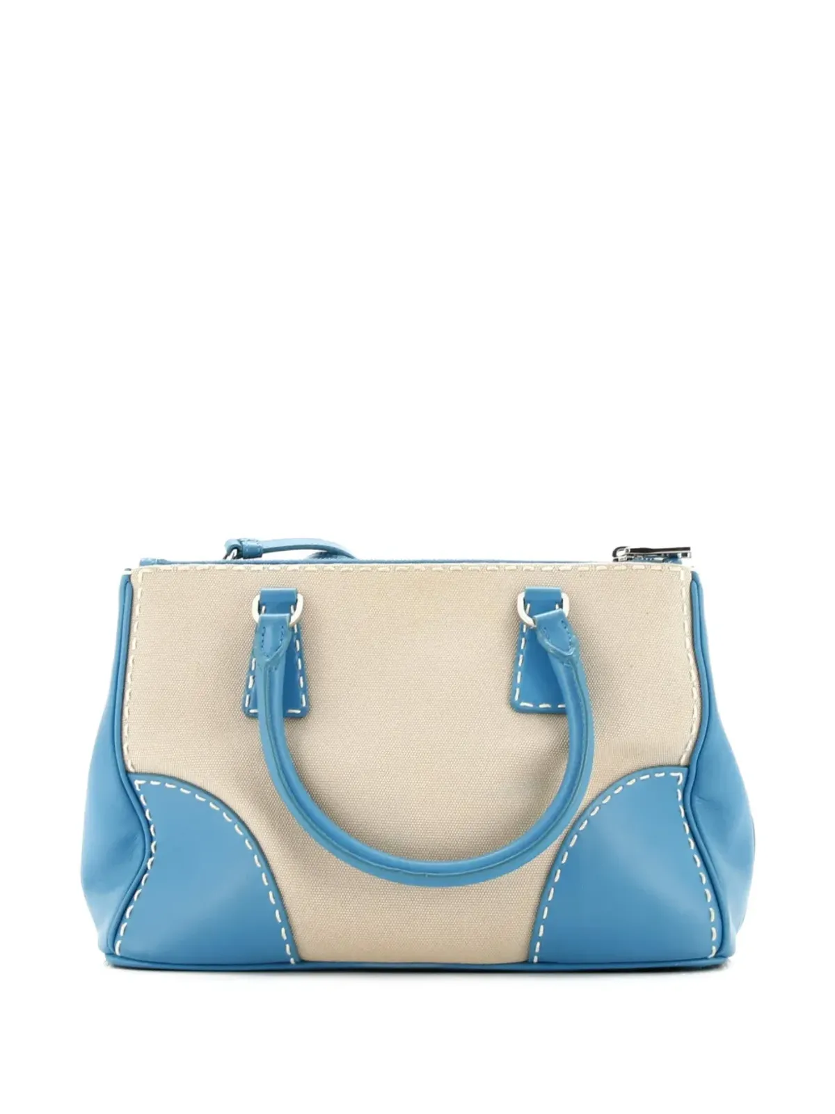 Prada ビンテージ ダブルジップ コンバーチブル ステッチド シティ カーフレザーとキャンバス 小型 トートバッグ - ブルー - 画像2