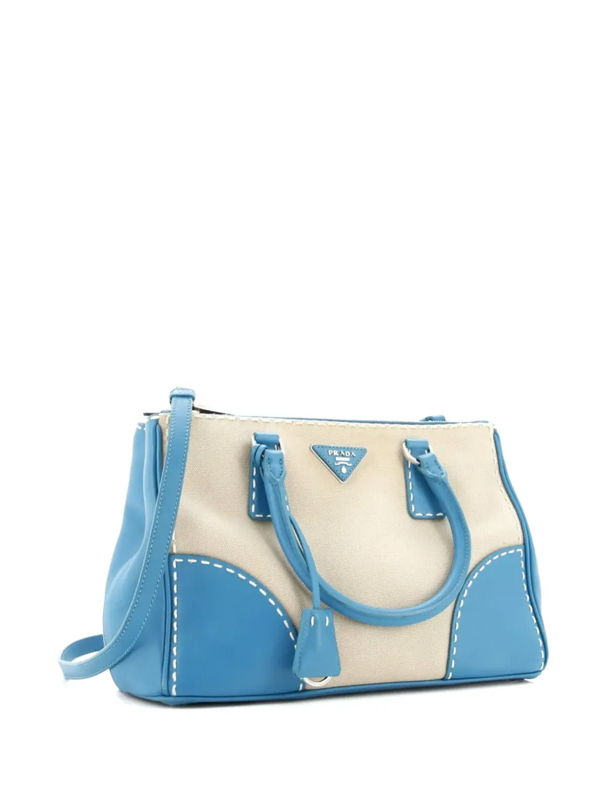 Prada ビンテージ ダブルジップ コンバーチブル ステッチド シティ カーフレザーとキャンバス 小型 トートバッグ - ブルー - 画像3
