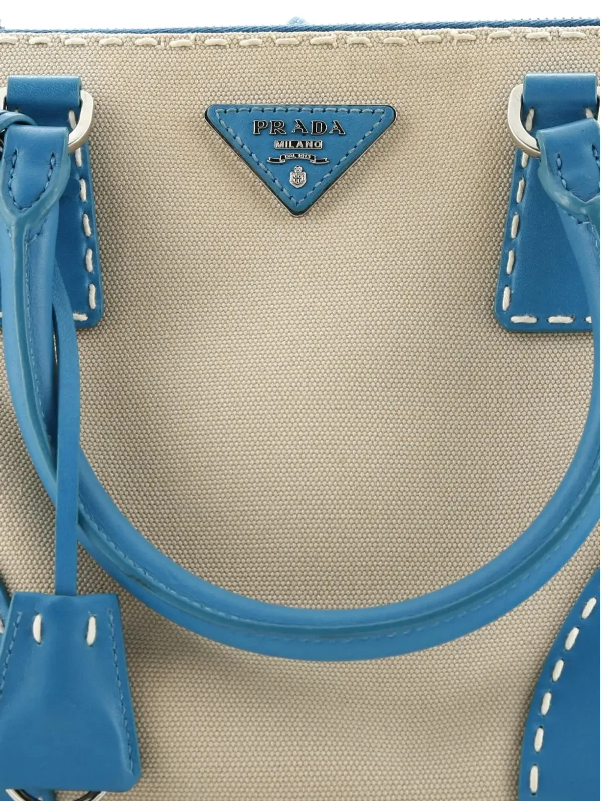 Prada ビンテージ ダブルジップ コンバーチブル ステッチド シティ カーフレザーとキャンバス 小型 トートバッグ - ブルー - 画像4
