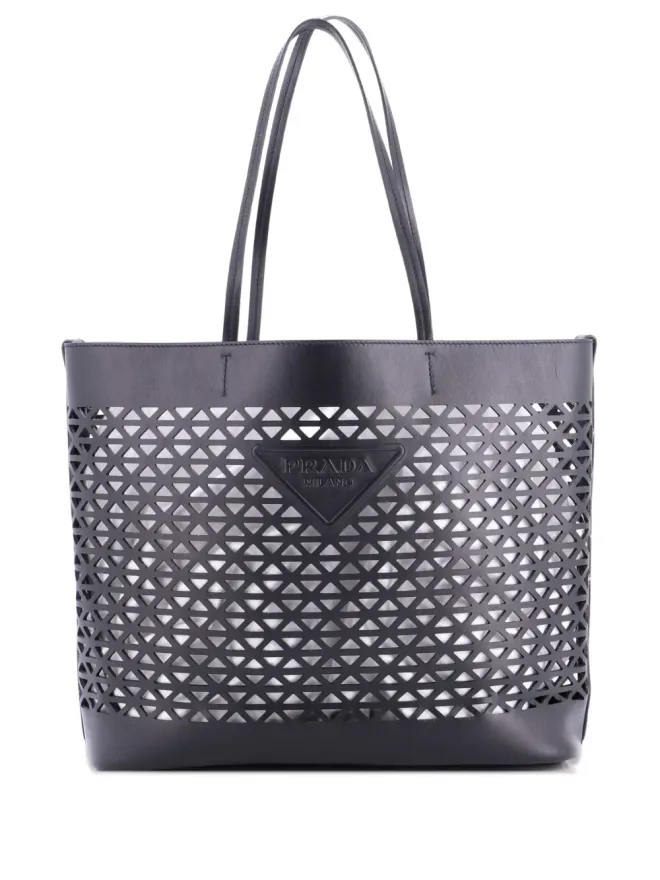 Prada Pre-Owned Prada ビンテージ Triangle Logo Shopper Tote レーザーカットレザー ミディアム ショルダーバッグ - ブラックの商品画像