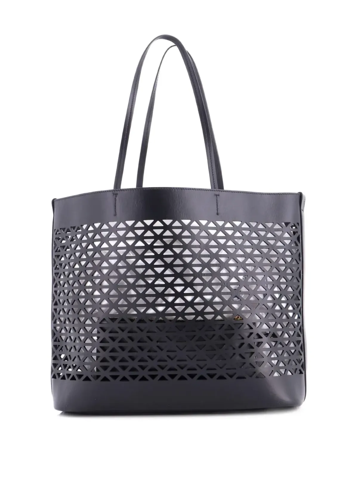 Prada ビンテージ Triangle Logo Shopper Tote レーザーカットレザー ミディアム ショルダーバッグ - ブラック - 画像2