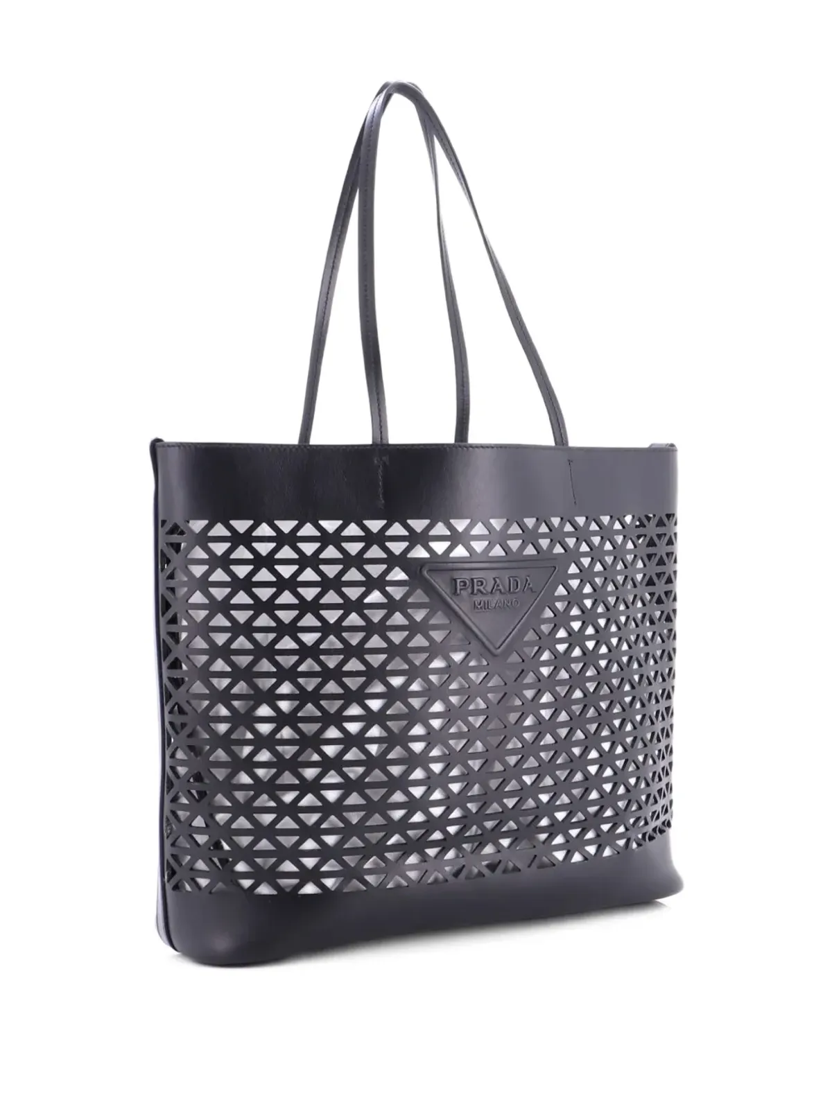Prada ビンテージ Triangle Logo Shopper Tote レーザーカットレザー ミディアム ショルダーバッグ - ブラック - 画像3