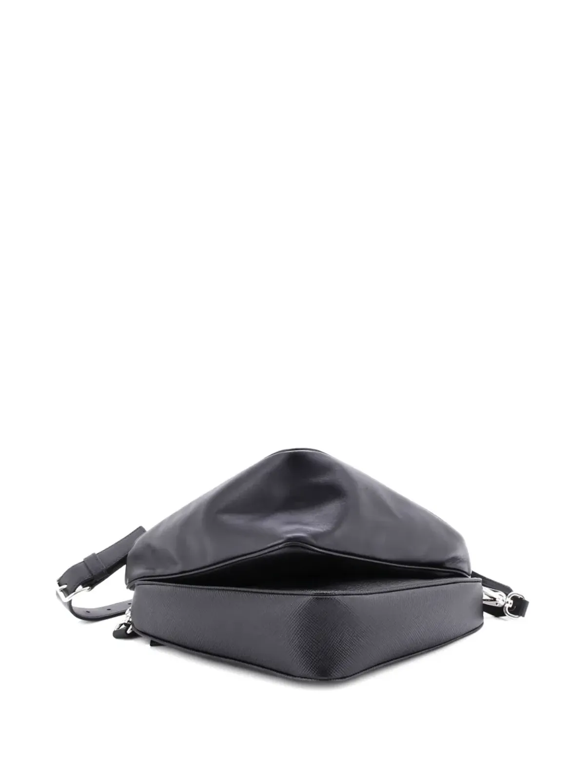 Prada ビンテージ ダブルトライアングル ロゴ ジップ ショルダーバッグ サフィアーノレザーとレザー ブラック - 画像5