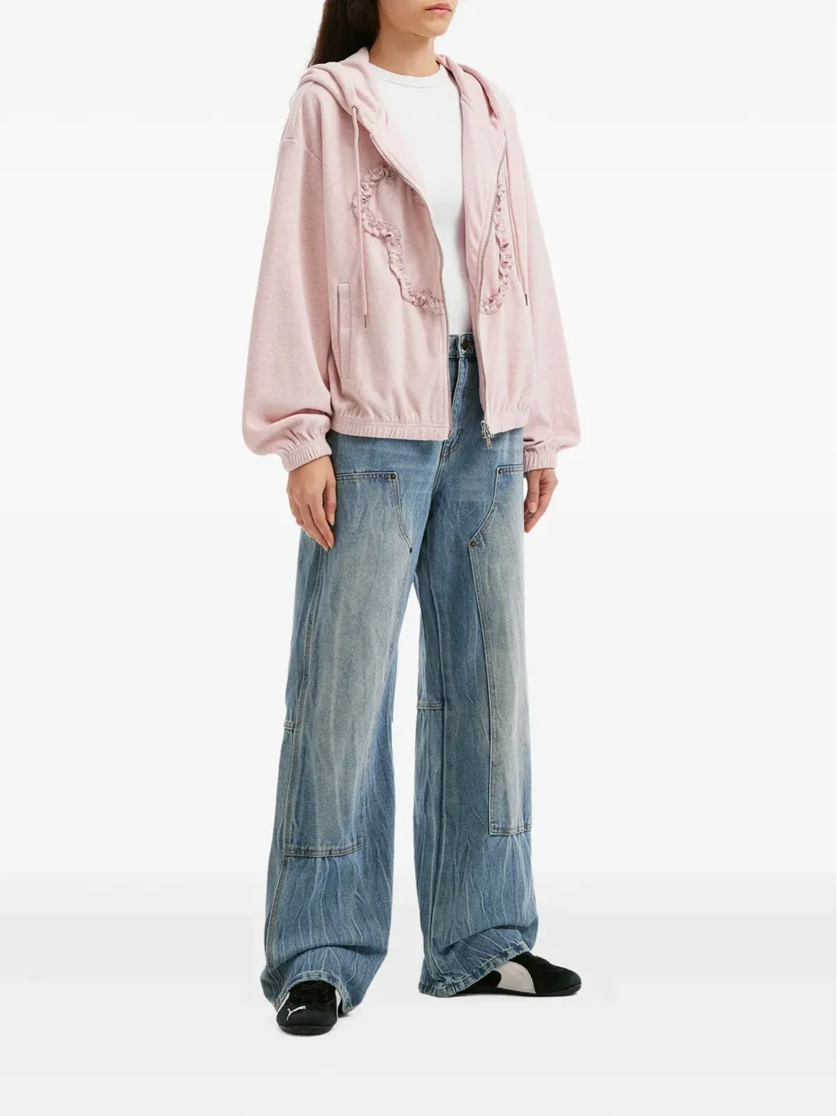 Mini Cream フリルディテール ジップファスナー付きフードパーカー - 画像2