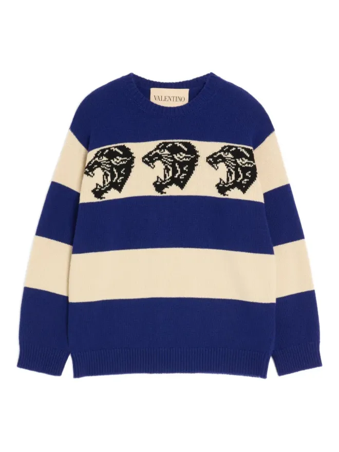 Valentino Garavani Valentino Garavani パンサー柄ジャカード・ストライプ ニットセーター - Blueの商品画像