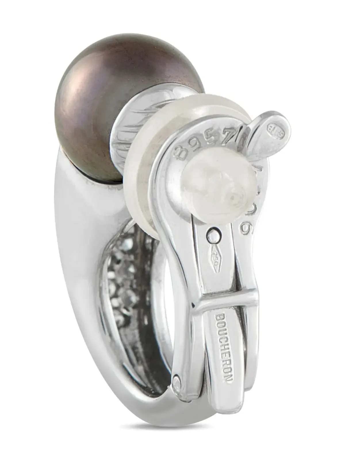 Boucheron ビンテージ 18Kホワイトゴールド ダイヤモンドとブラックパール クリップオンイヤリング - シルバー - 画像2