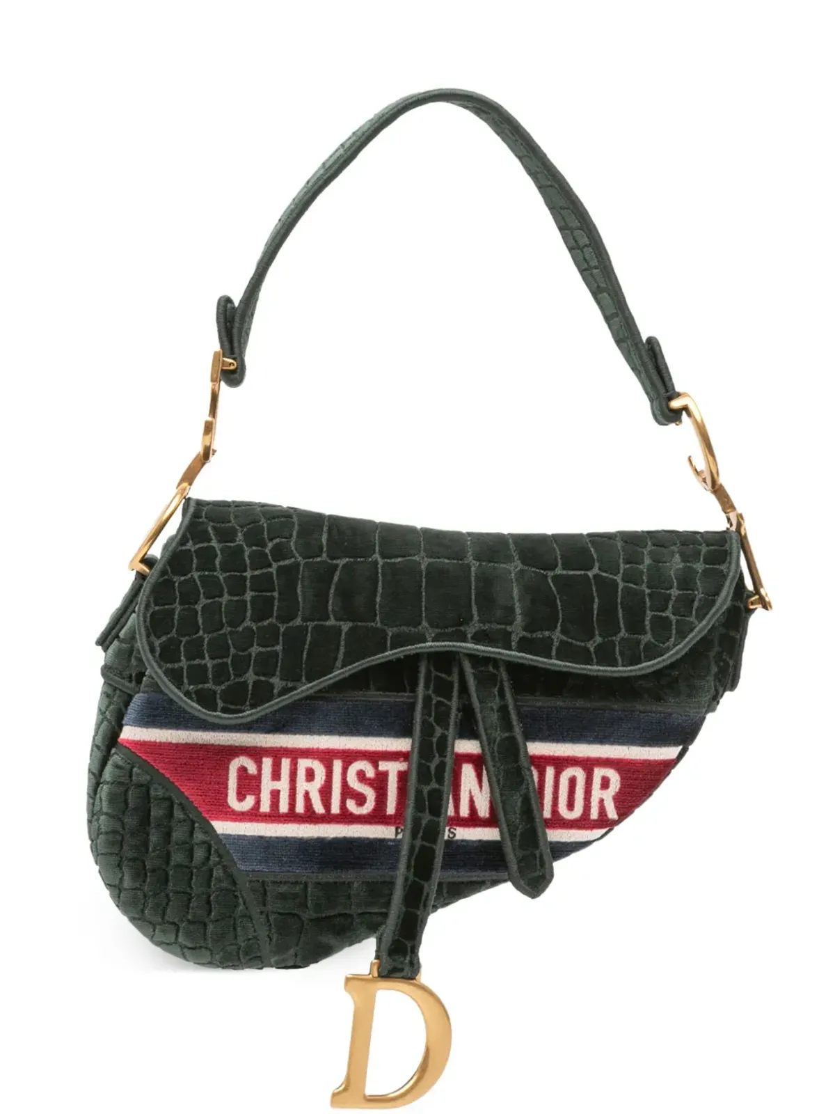 ビンテージ Christian Dior ベルベット地 クロコダイル風 エンボス サドルバッグ - 画像1