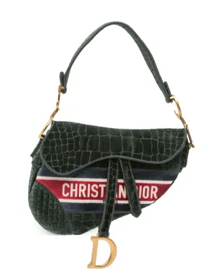 ビンテージ Christian Dior ベルベット地 クロコダイル風 エンボス サドルバッグ - サムネイル1