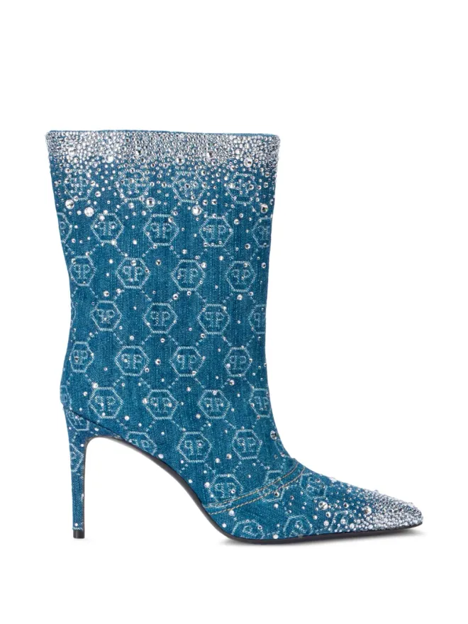 Philipp Plein Philipp Plein モノグラムラインストーン付きデニムブーツ - ブルーの商品画像