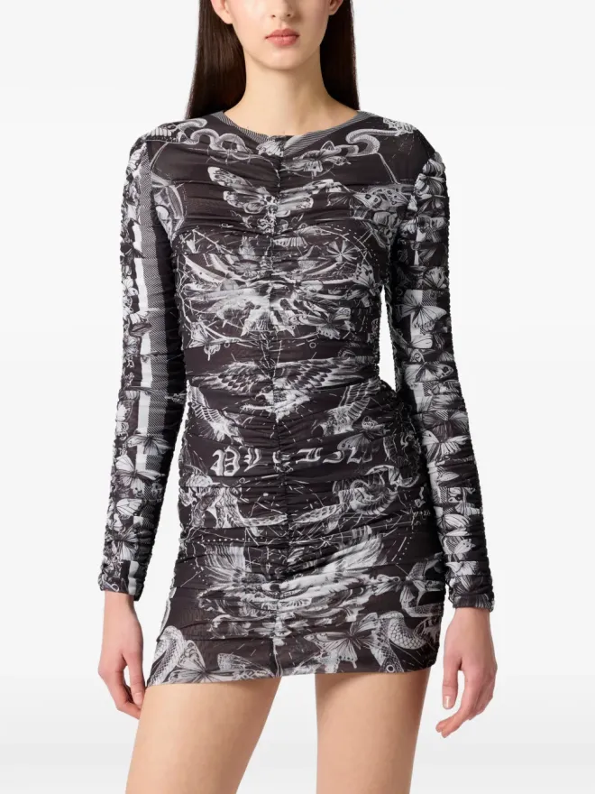Philipp Plein Philipp Plein しわ加工蝶柄プリントミニドレスの商品画像