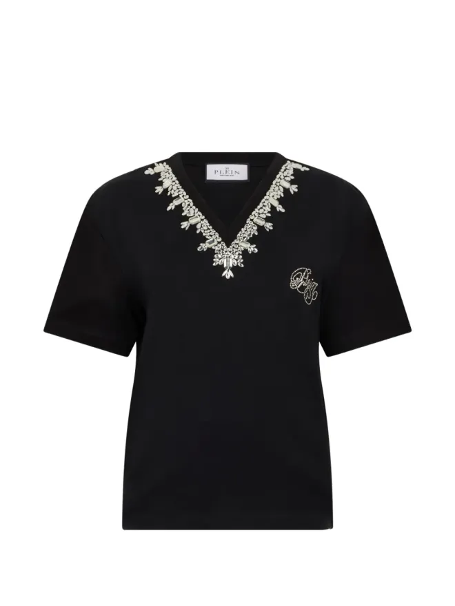 Philipp Plein Philipp Plein クリスタル装飾VネックTシャツ ブラックの商品画像