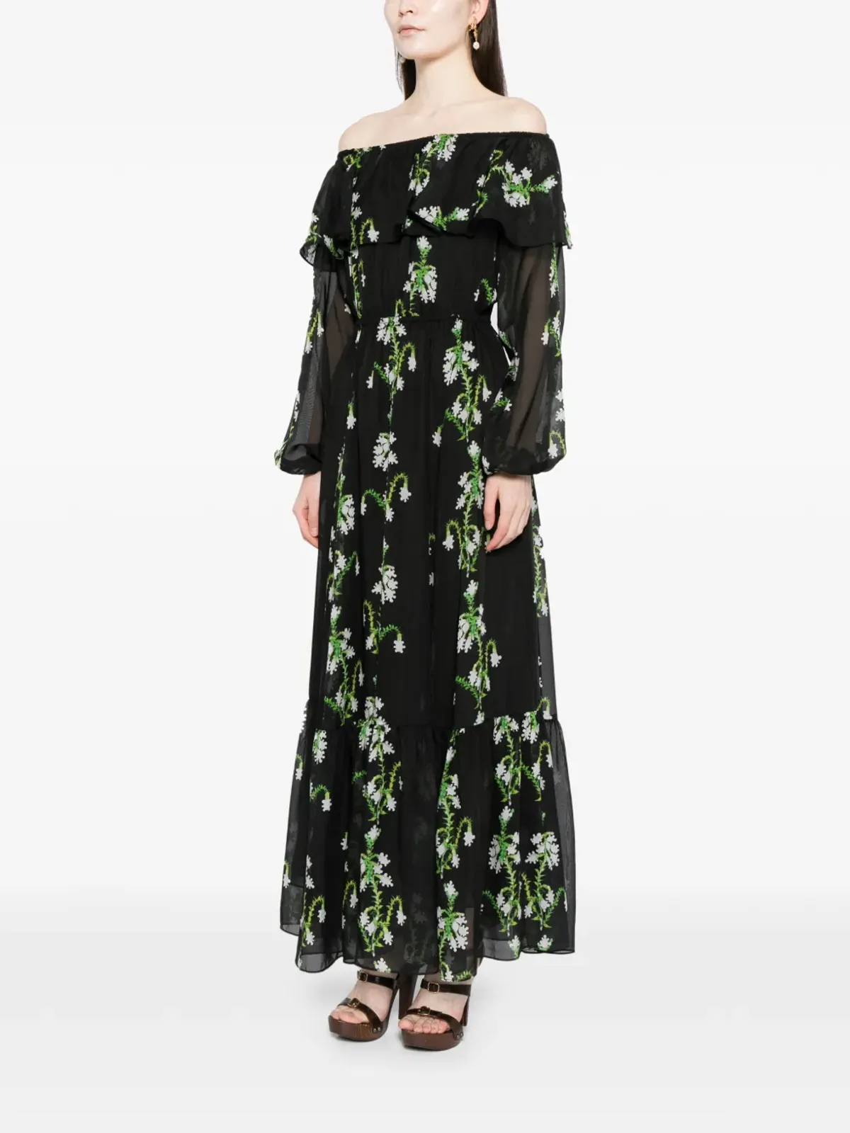 Cynthia Rowley オフショルダー シルク マキシドレス ブラック - 画像3