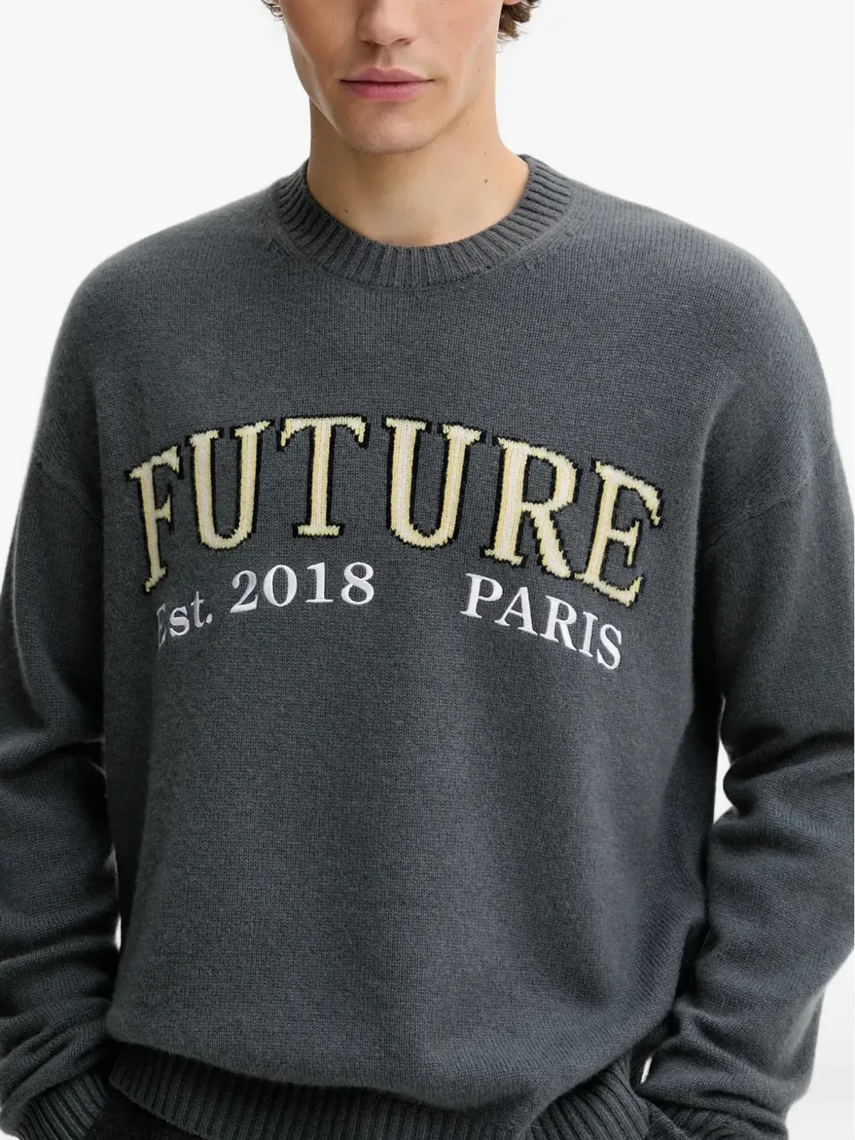 FROM FUTURE グレーの刺繍ロゴ入りクルーネックセーター - 画像3