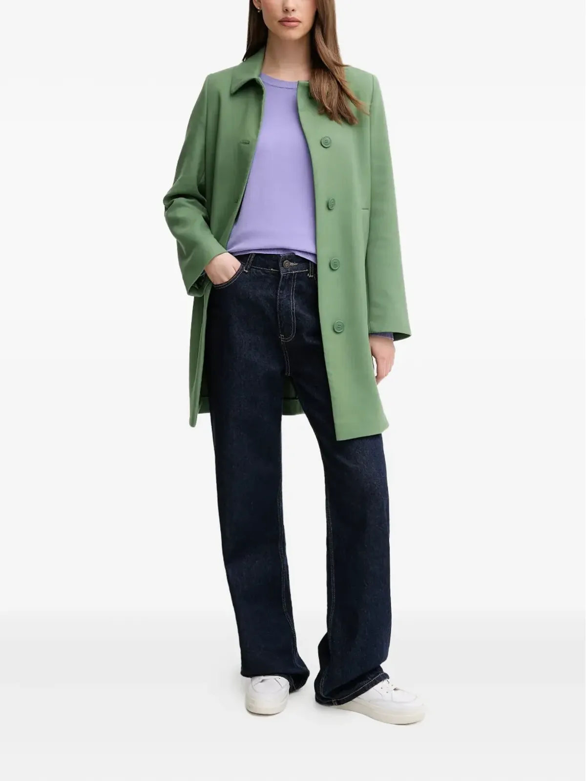 Benetton ボタン留め襟付きコート グリーン - 画像2