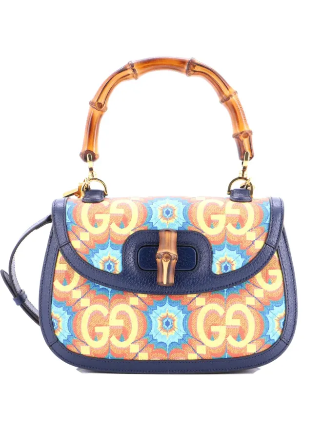 Gucci Pre-Owned Gucci ビンテージ Bamboo 1947 トップハンドルバッグ カレイドスコーププリント GG コーテッドキャンバス ミディアム クロスボディバッグ - ブルーの商品画像