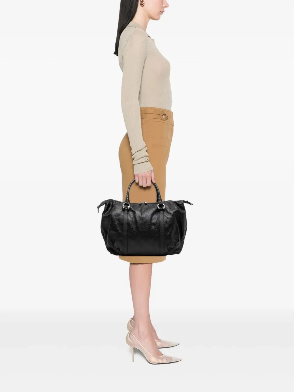 Gucci ビンテージ 2000-2015 エンボス加工レザー ホースビット サッチェル ブラック - 画像2