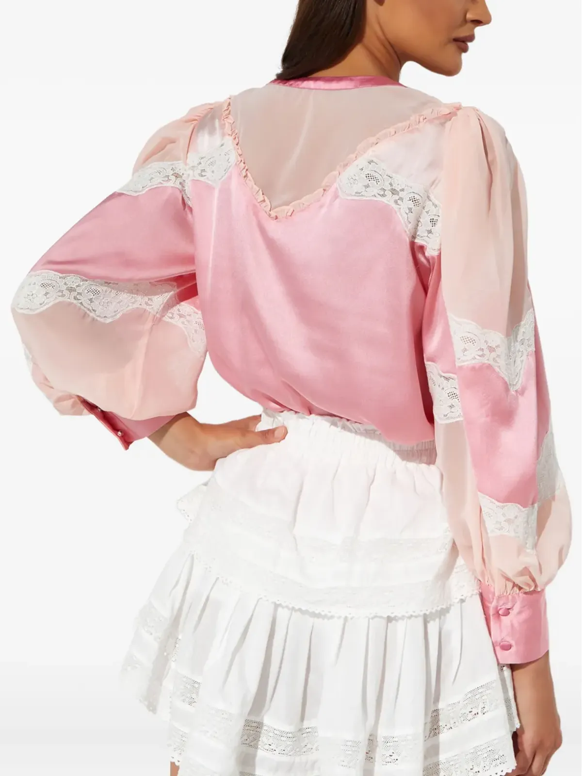 LoveShackFancy Zavia レースパネル付きサテンブラウス - 画像4