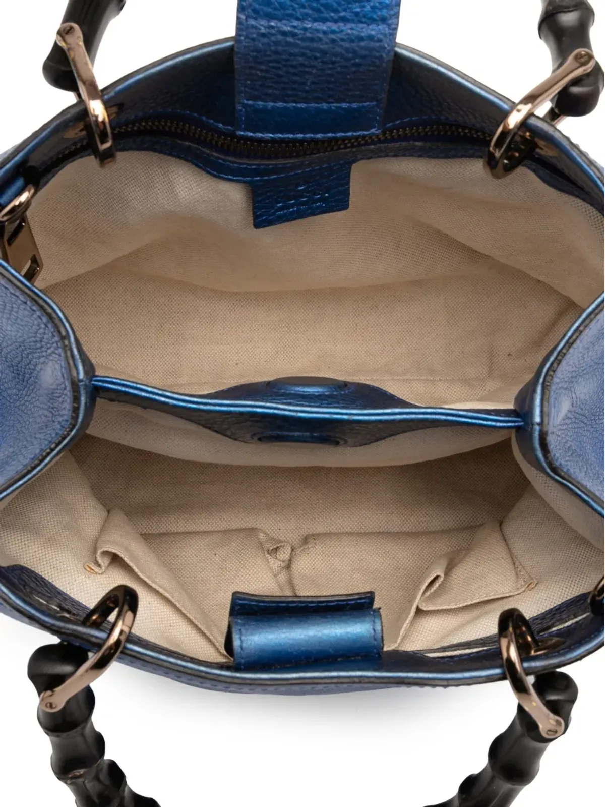Gucci ビンテージ 2016-2025 小型メタリックカーフスキン バンブーショッパー サッチェル ブルー - 画像5