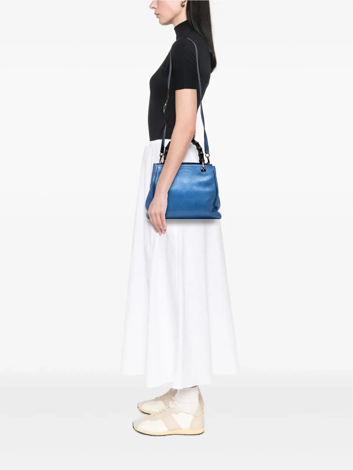 Gucci ビンテージ 2016-2025 小型メタリックカーフスキン バンブーショッパー サッチェル ブルー - 画像2