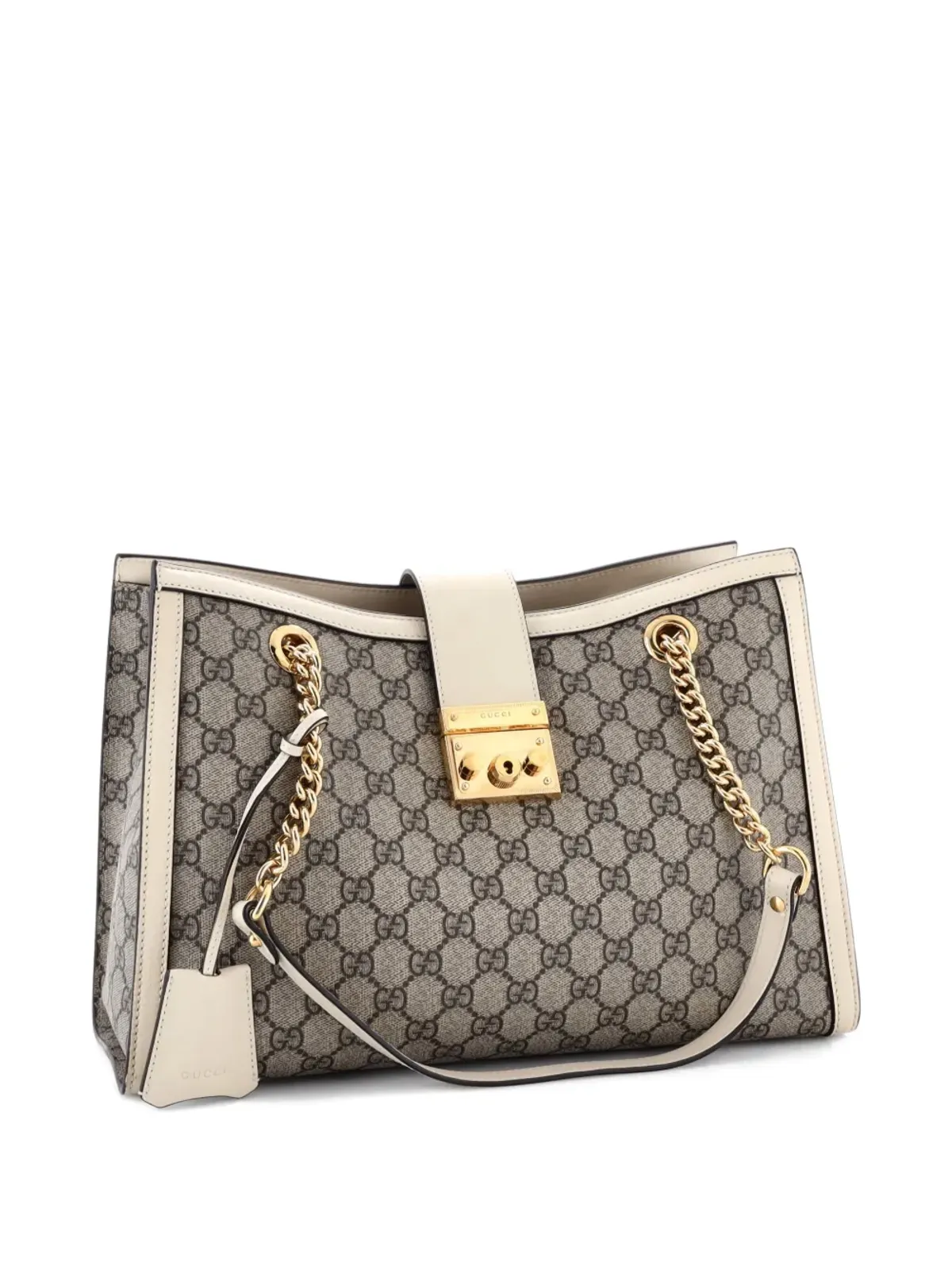 Gucci ビンテージ パドロックチェーンGG コーテッドキャンバス×レザー ミディアム トートバッグ - ホワイト - 画像3