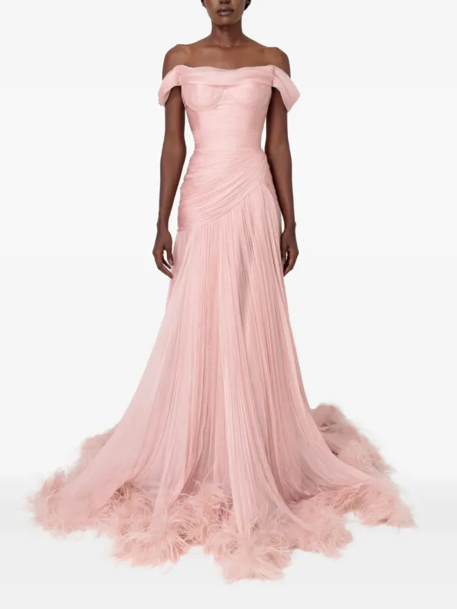 Iris Serban Iris Serban Petal off-shoulder feathered maxi dress - Pinkの商品画像