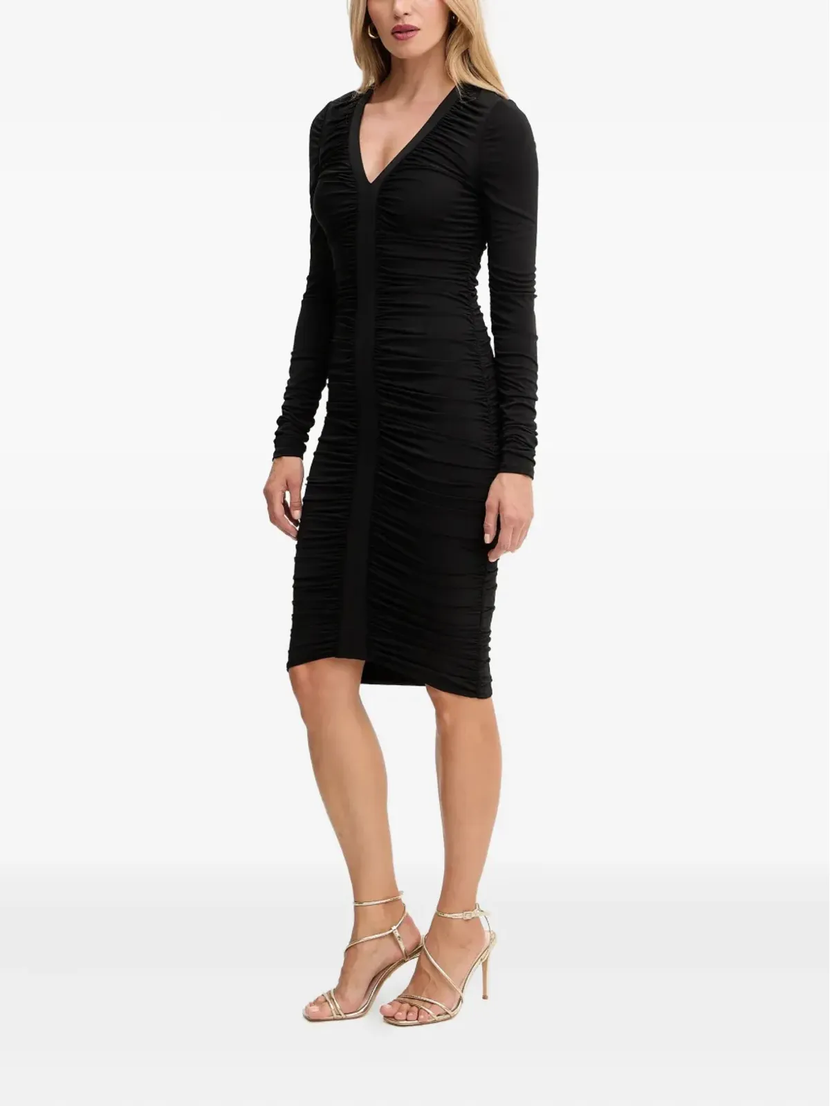 MARCIANO by GUESS 寄せギャザー入りVネックミディドレス - ブラック - 画像3