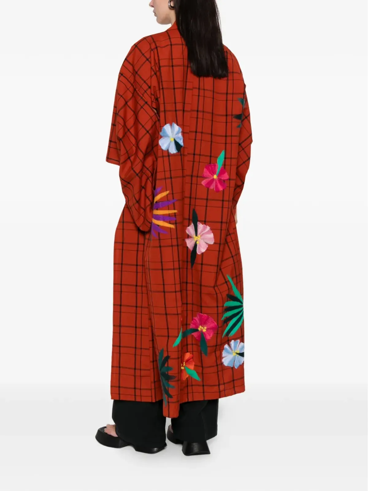 A.N.G.E.L.O. Vintage Upcycling 格子柄フローラルアップリケ付き着物 - 画像2