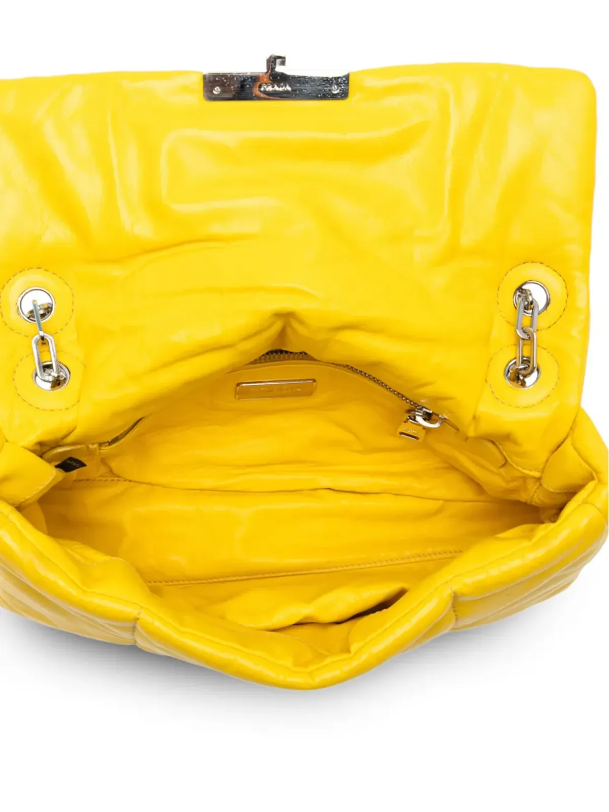 Prada ビンテージ 2013-2025 ナッパレザー ボンバー サウンドロック チェーンフラップ ショルダーバッグ - イエロー - 画像5