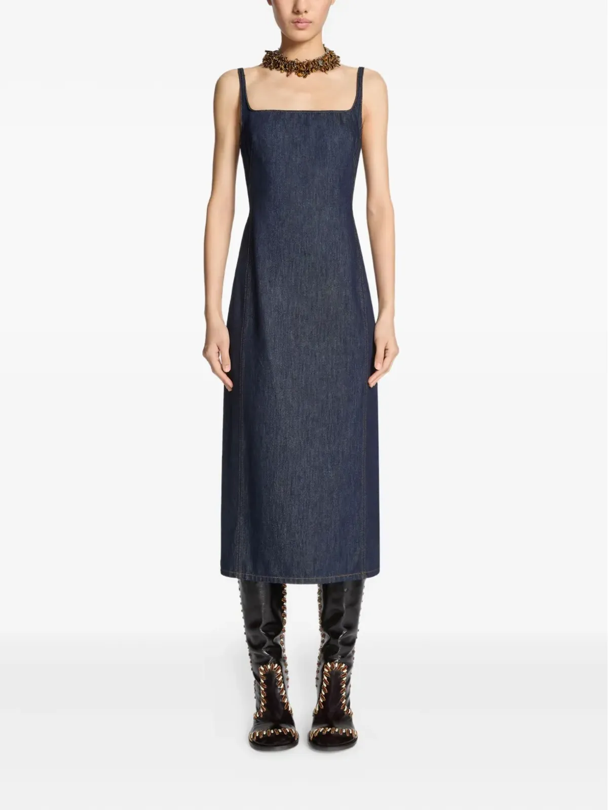 DRIES VAN NOTEN スクエアネック デニム ミディドレス - 画像2