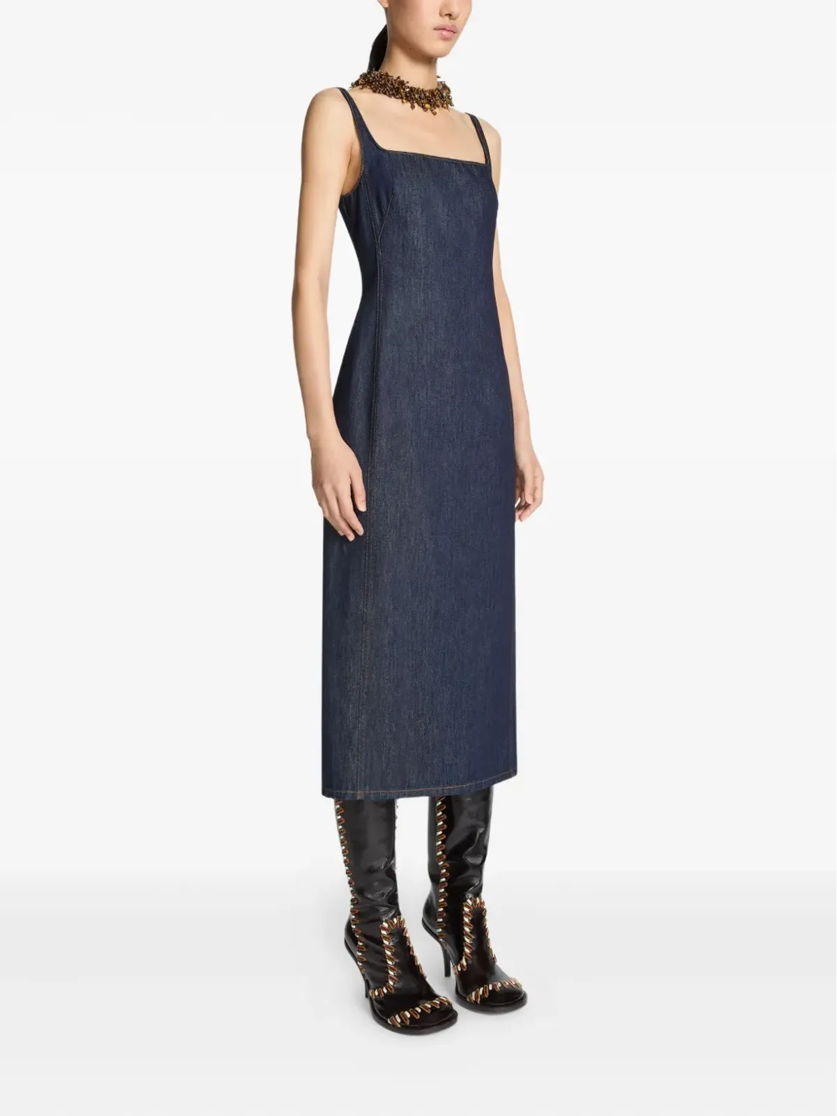 DRIES VAN NOTEN スクエアネック デニム ミディドレス - 画像3