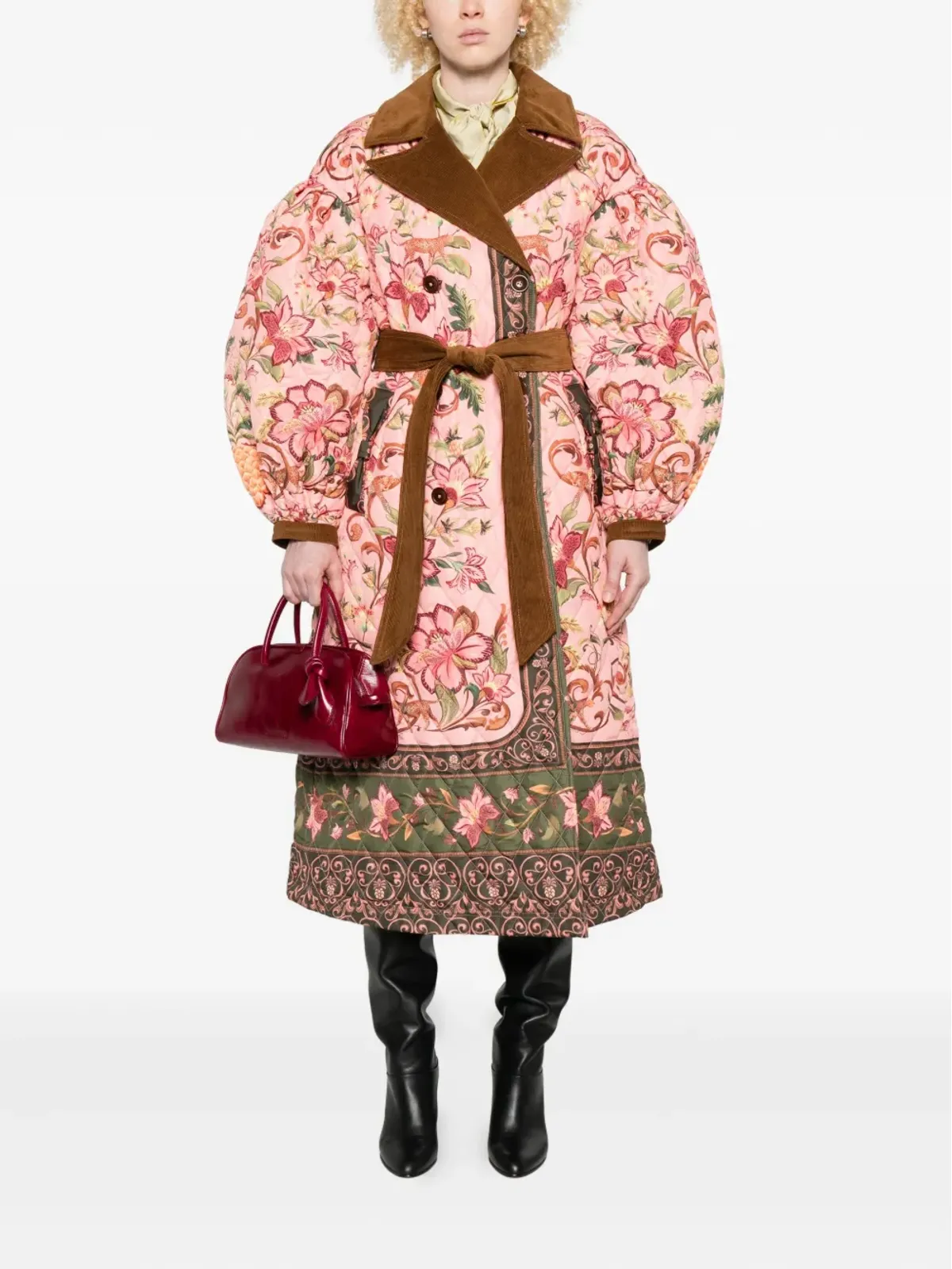 Barbour フローラル柄キルテッドベルト付きダブルブレストコート - ピンク - 画像2