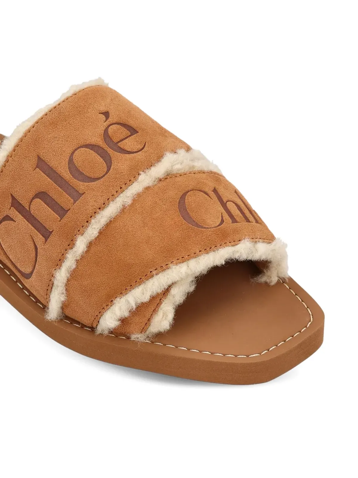 Chloé Woodyロゴ入りシアリングサンダル ブラウン - 画像3
