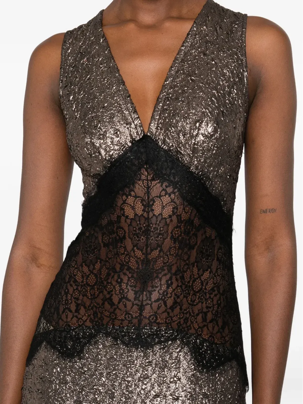 MIAU by Clara Rotescu Sokar lace-insert glitter maxi dress - Gold - 画像5