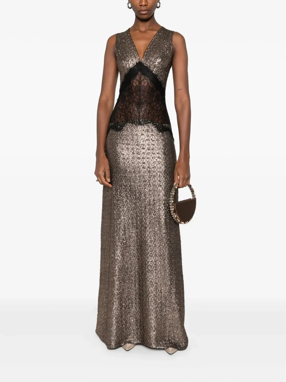 MIAU by Clara Rotescu Sokar lace-insert glitter maxi dress - Gold - 画像2