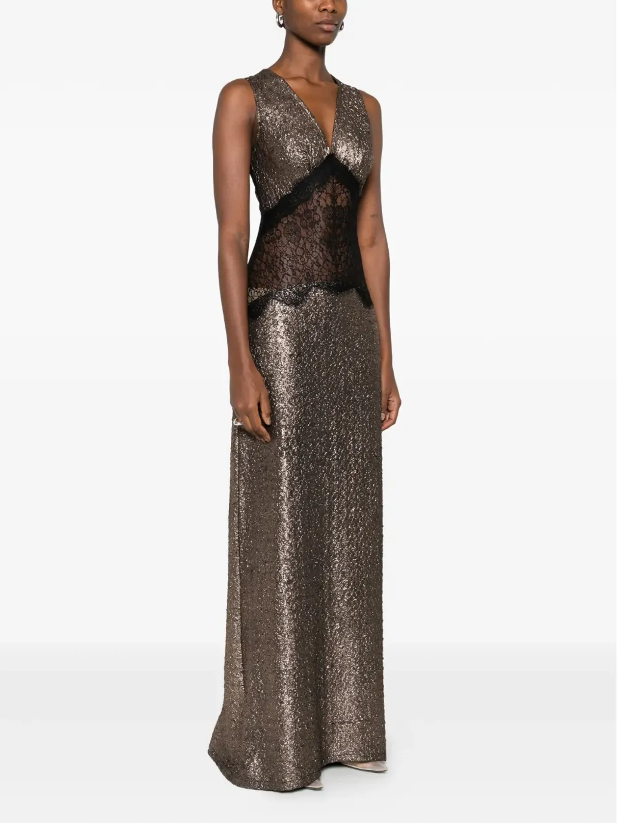 MIAU by Clara Rotescu Sokar lace-insert glitter maxi dress - Gold - 画像3