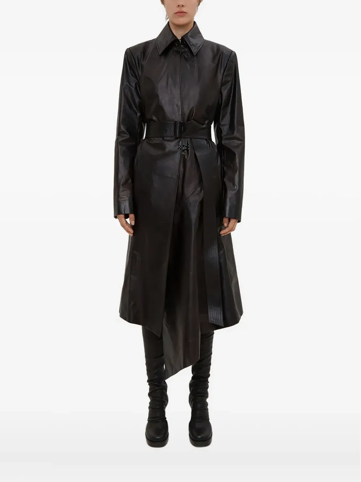 Olivier Theyskens ポインテッドカラー ベルテッド レザーコート - 画像1