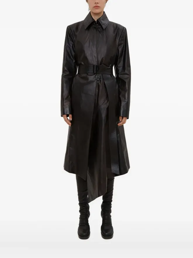 Olivier Theyskens Olivier Theyskens ポインテッドカラー ベルテッド レザーコートの商品画像