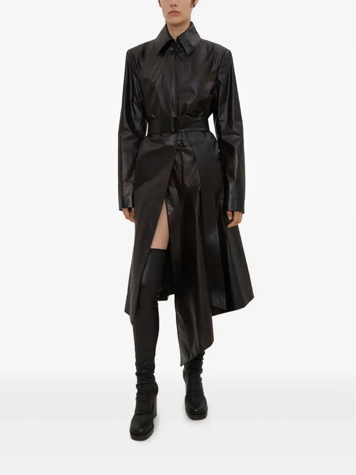 Olivier Theyskens ポインテッドカラー ベルテッド レザーコート - 画像2