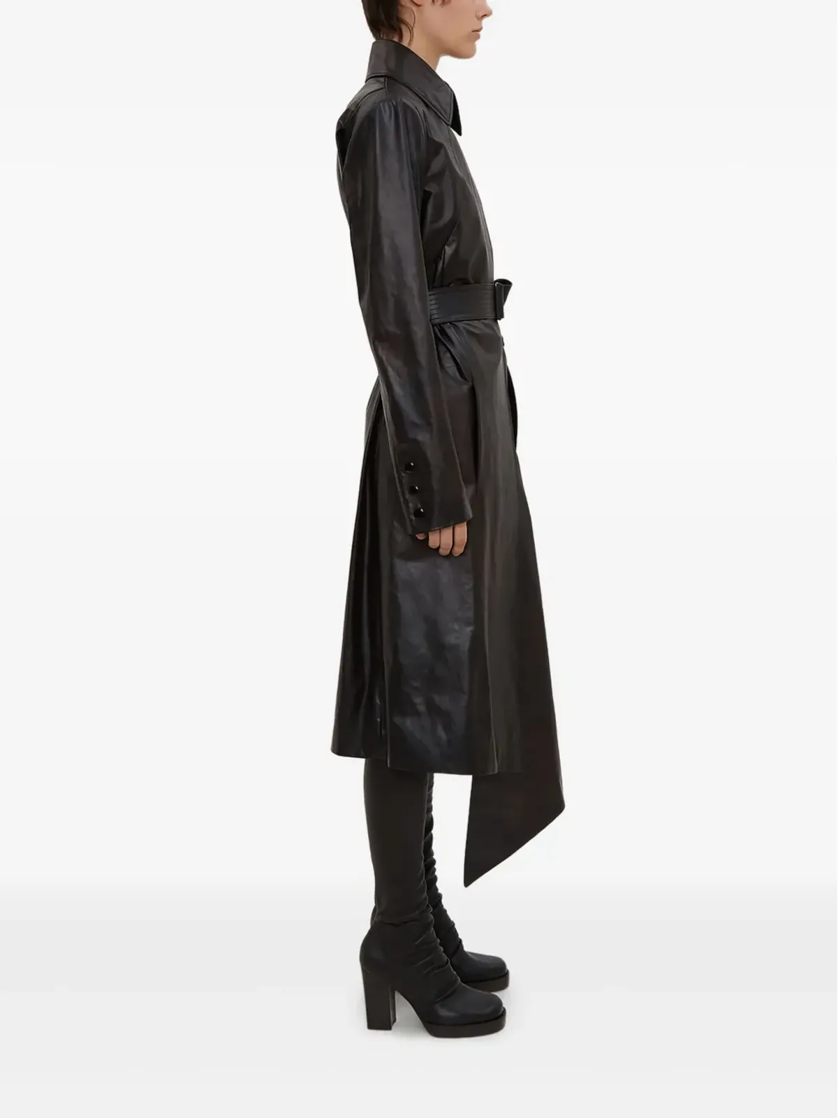 Olivier Theyskens ポインテッドカラー ベルテッド レザーコート - 画像3