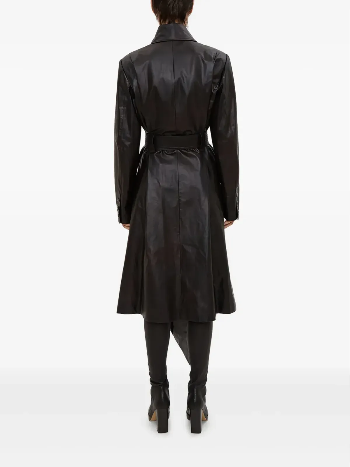 Olivier Theyskens ポインテッドカラー ベルテッド レザーコート - 画像4
