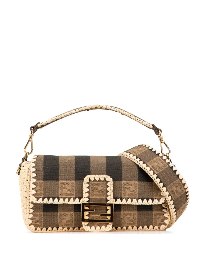 Fendi Pre-Owned Fendi ビンテージ ペキンギンガム キャンバスとラフィア バゲット・サッチェル ブラウンの商品画像