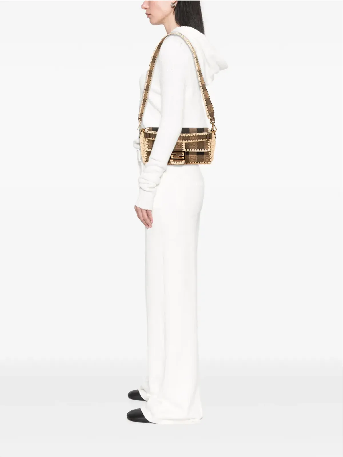 Fendi ビンテージ ペキンギンガム キャンバスとラフィア バゲット・サッチェル ブラウン - 画像2