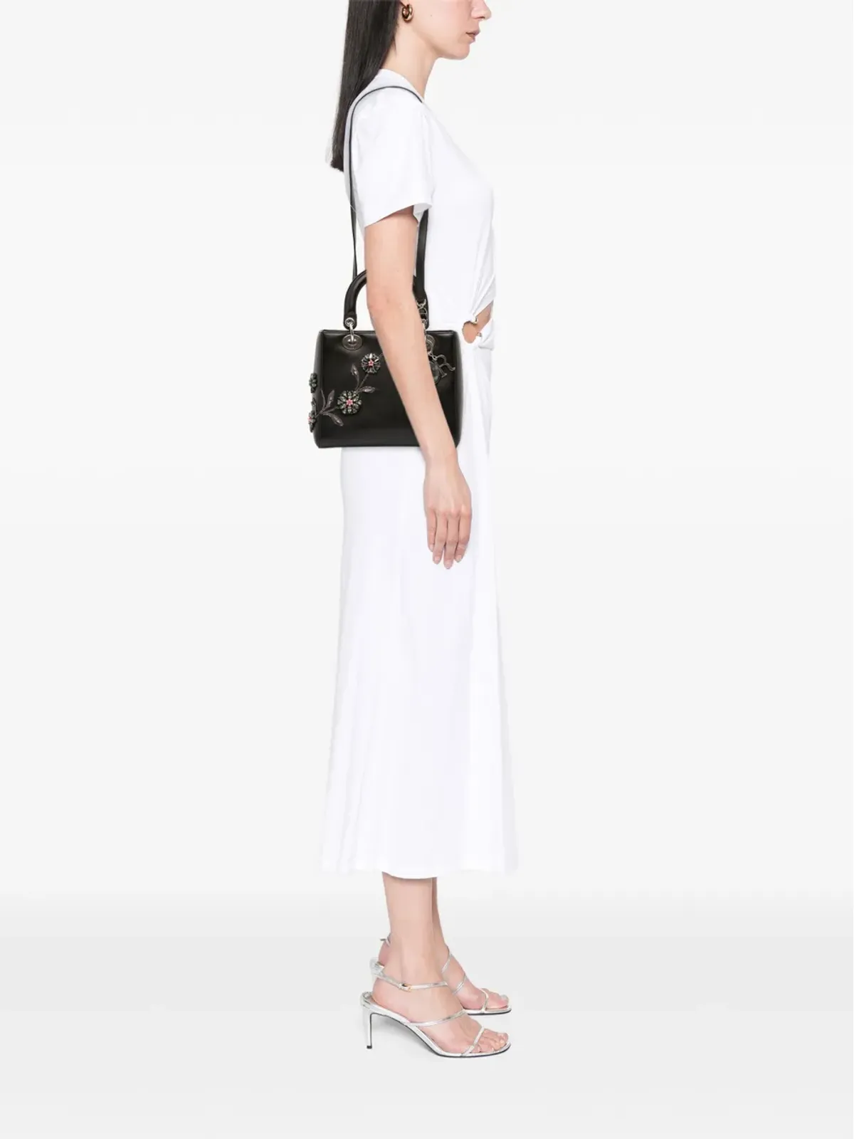Christian Dior Pre-Owned 2014 Beaded Floral Embellished Lambskin Lady Dior satchel - Black - 画像2