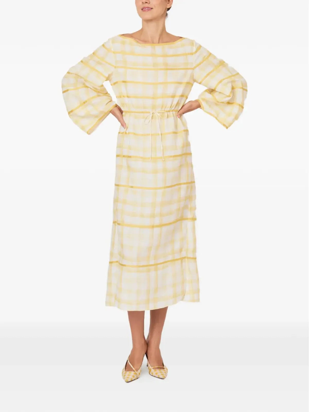 Rosie Assoulin チェック柄ベルスリーブドレス - Yellow - 画像5