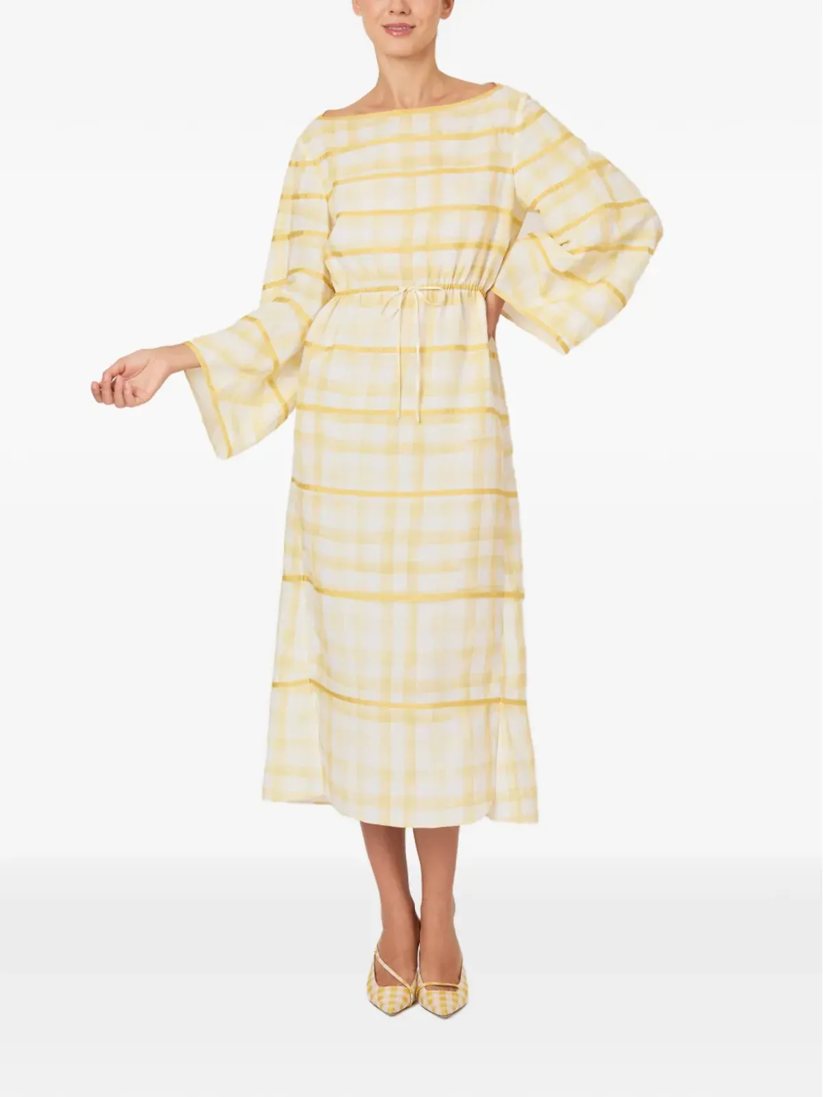Rosie Assoulin チェック柄ベルスリーブドレス - Yellow - 画像2