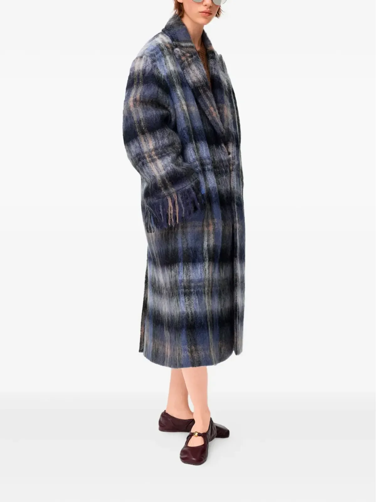 LOEWE ブルーのチェック柄フリンジコート - 画像2