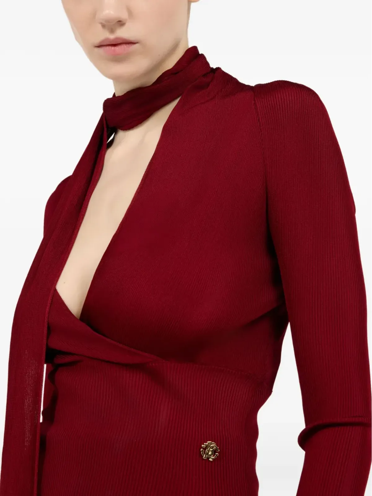 Roberto Cavalli wrap-overリブニットトップ（レッド） - 画像5