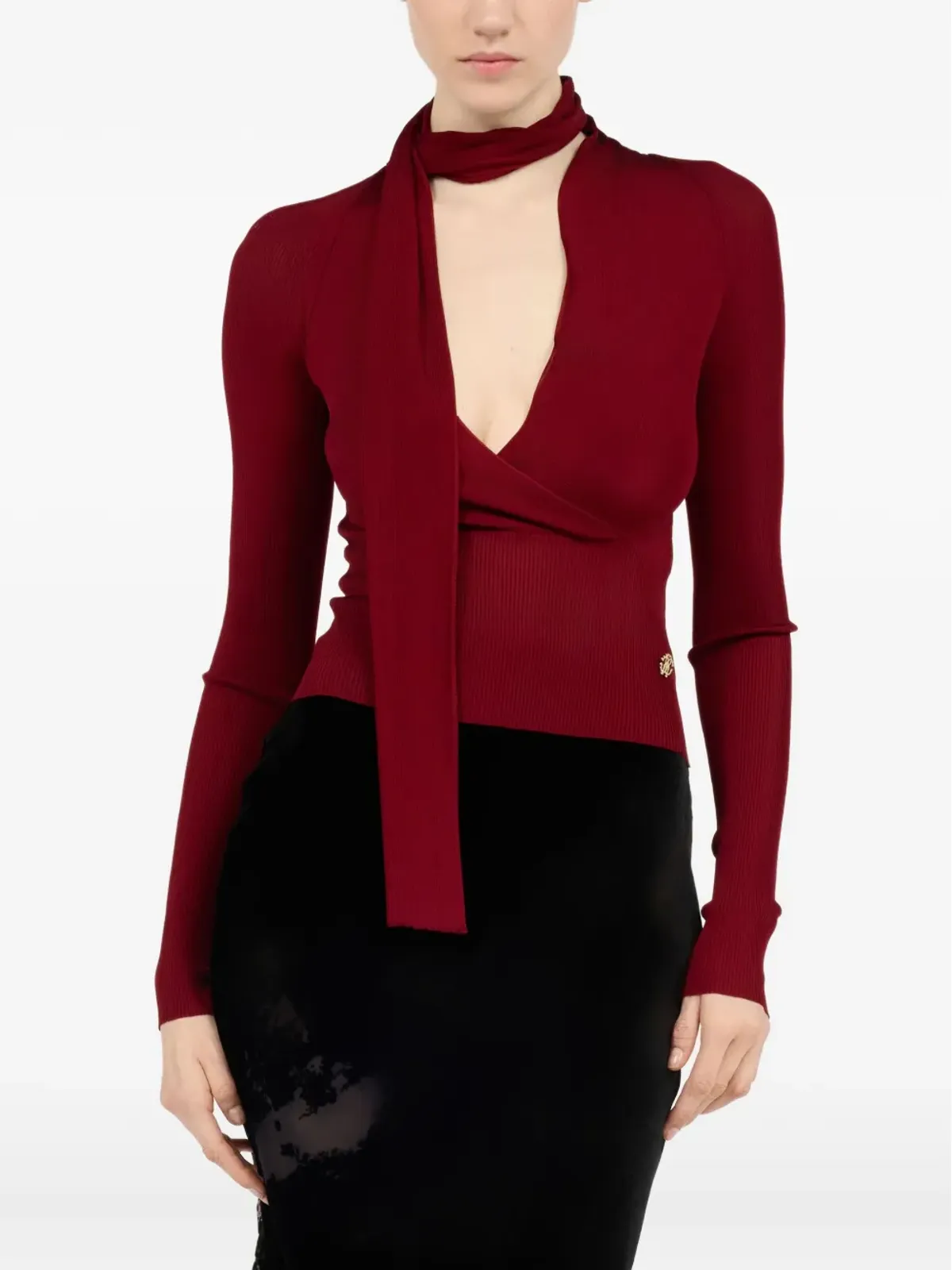 Roberto Cavalli wrap-overリブニットトップ（レッド） - 画像3